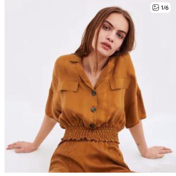 Zara Tops - Zara Fillsens Women’s Size S Semi Crop Top/Blouse/Shirt Tan/Brown Ciniched Waist